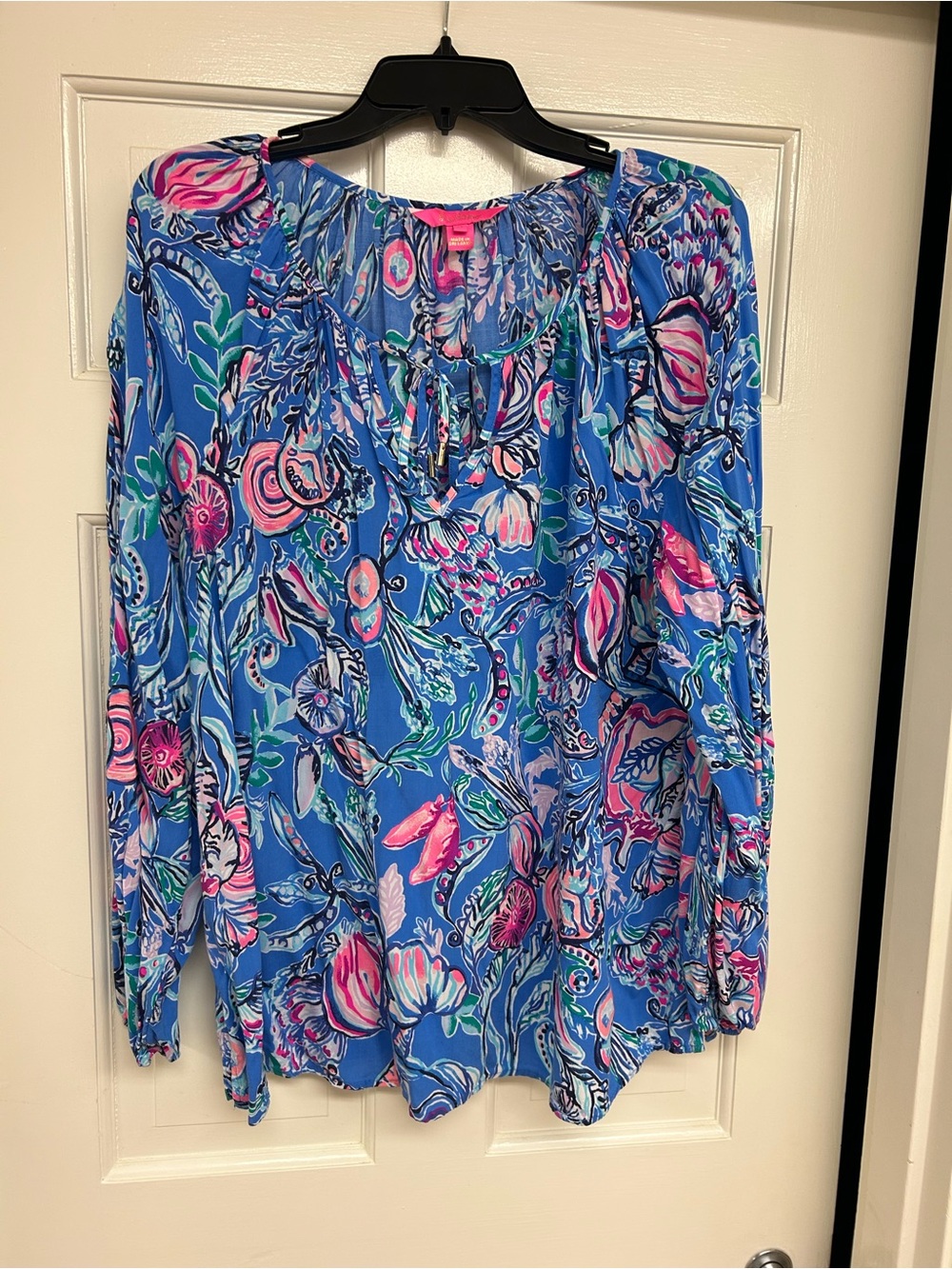 Lily Pulitzer XL Printed Long-Sleeve Peasant Blouse - Blue & Pink